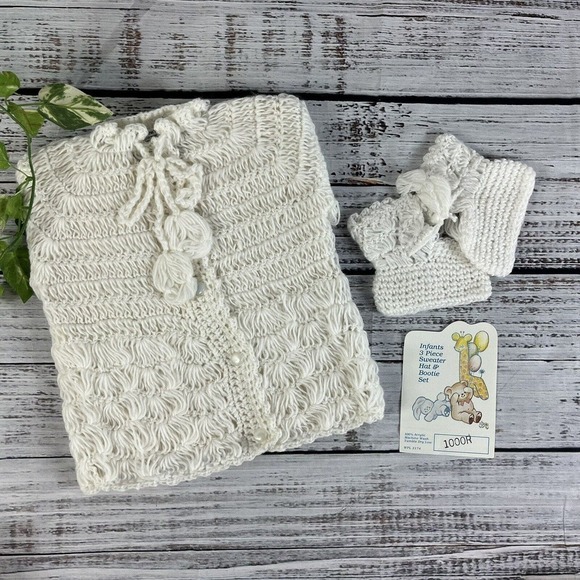 Vintage Knit Crochet Baby Infant White 3 Piece Sweater Hat Bootie Set 1000R - Picture 10 of 11